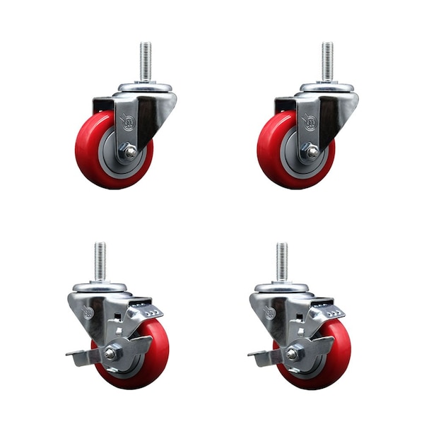 Service Caster 3 Inch Red Polyurethane Wheel Swivel 34 Inch Threaded Stem Caster Set 2 Brakes SCC SCC-TS20S314-PPUB-RED-34212-2-TLB-2 - main